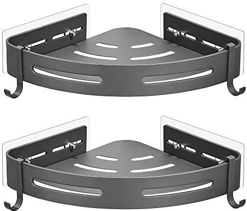 GRICOL Eckablage Duschkorb Duschregal ohne Bohren Duschablage Metall Mit 4 Haken Dusche Ablage Badregal mit Aufkleber Badezimmerregal für Bad und Küche 2 Etagen Grau