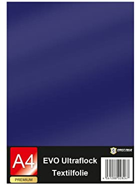 Evo Ultraflock Textilfolie für Plotter 33 Farben Flockfolie im Din A4 Format 30x20cm Plotterfolie für Stoff Kleidung T-Shirt Flock Folie Zubehör (1 Bogen, 018 Marine)