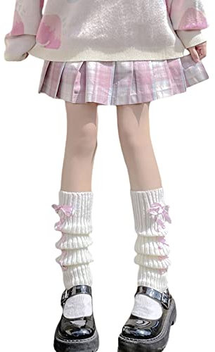 Women Girls Japanese Style Leg Warmer Kawaii Knit Boot Socks 90s Solid Striped Gothic Crochet Leg Warmers (Strappy-Pink, One Size)