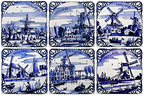 6er Set Untersetzer Holland Delft blau Windmühle je 9 x 9 cm Maritim Souvenir Coaster Figur Deko GMTX 5480
