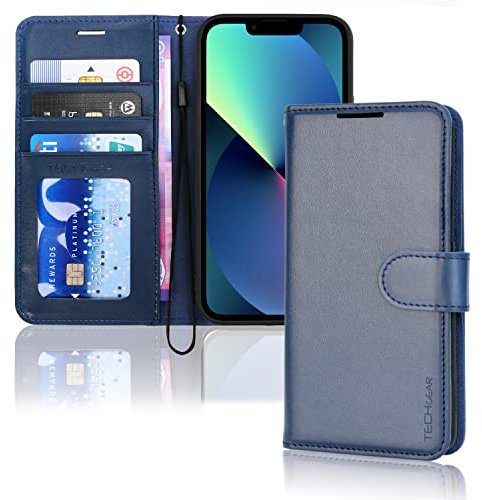 TECHGEAR iPhone 14 Plus Leather Wallet Case, Flip Protective Case Cover with Wallet Card Holder, Stand and Wrist Strap - Blue PU Leather with Magnetic Closure Designed for iPhone 14 Plus 6.7