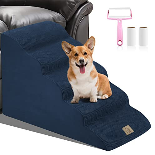 Haustiertreppe für Hochbeet, 5 Stufen extra große Hundetreppe, Haustierrampenleiter mit waschbarem Plüschbezug & hochdichtem Schaumstoff für kleine Hunde und Katzen, sendet klebrige Fusselrolle Set