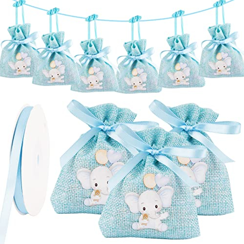 24 Pcs Jute Kordelbeutel 8 x 10cm Blau Jute Säckchen mit Baby Elefant Bügelbilder Muster Kleine Kordelzugtaschen für Babyshower Partydeko Baby Geburt Geschenksäckchen Taufe usw.