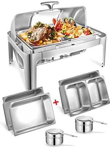 13QT Roll Top Chafing Dishes for Buffet: Catering Food Warmer for Parties, Birthday, Wedding, Christmas, 1 Full Size & 2 Half-Size Chafing Server Dish, 1 Water Pan-Glass Window