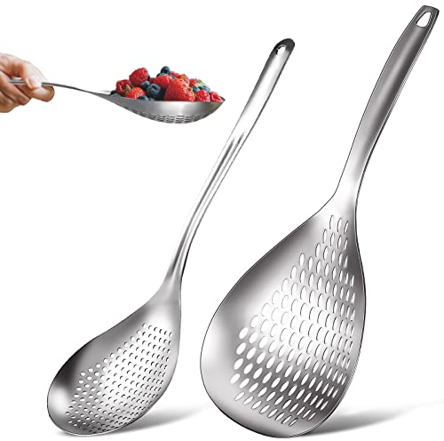 Bokon 2 Pieces Skimmer Slotted Spoon Slotted Stainless Steel Skimmer Ladle Comfortable Grip Rustproof Frying Spoon Strainer with Handle Cooking Colander Spoon Spider Strainer for Draining Kitchen