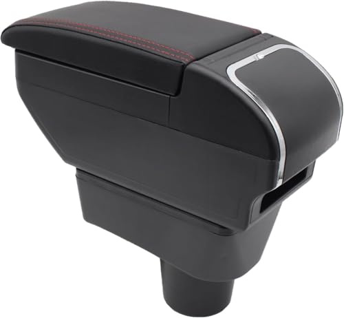 KAERGK Auto Armlehnen für Mitsubishi Mirage Attrage 2014-2024 | Zweistufiger Stauraum, Mit Getränkehalter, Vor-und Zurückverstellbar, Einfache Montage, PU-Leder, Rote Nähte