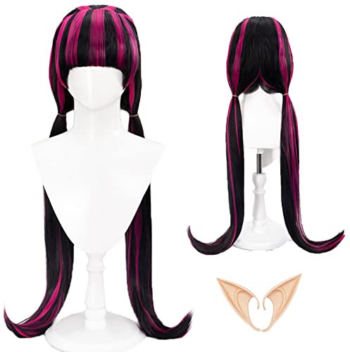 Schwarze Mischung Pink Cosplay-Perücke mit Pony, Elfenohren und kostenlosem Perücken-Netz - 80cm hitzebeständige synthetische Faserperücke für Halloween, Themenpartys und Anime-Fans