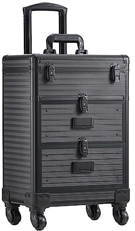 Warmiehomy Beauty Trolley Professional Makeup Case Trolley with 2 Drawers, Lockable Vanity Case Hairdressing Trolley Nail Polish Storage Case, Black