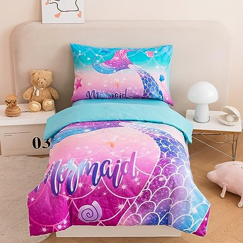 STYHO Mermaid Toddler Duvet Cover Aqua Purple Mermaid Tail Bedding Set for Cot Bed Soft Reversible Colorful Gradient Toddler Bedding with Pillowcase(Aqua Purple, Cot Bed)