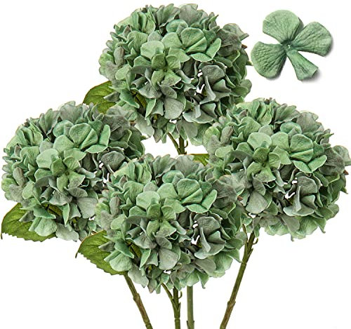 Hollyone 4 pcs Green Hydrangea Artificial Flowers with 16.9'' Long Stem, Fake Flowers Dried Flowers, Artificial Hydrangea Plants for Kitchen, Home Decor, Party, Wedding Decorations