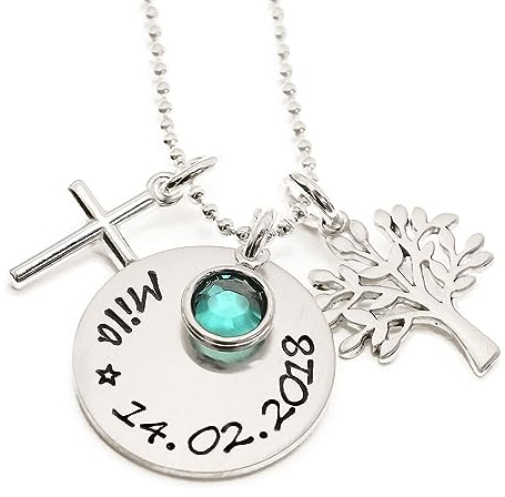 Taufkette Lebensbaum und Kreuz Mädchen Junge Baby 925 Silber mit Gravur und Geburtsstein Geschenk Schmuck Kette zur Taufe Kommunion Geburt Taufschmuck HANDMADE IN GERMANY