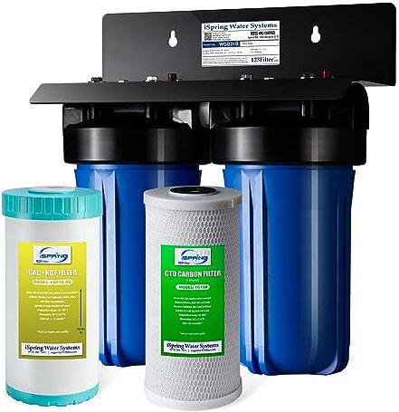 iSpring WGB21B-KS 2-Stage Whole House Water Filtration System with 10 x 4.5 Sediment CTO(Chlorine, Taste and Odor) Filter,KDF+GAC filter, Removes Chlorine, Iron, Lead, Odor and More, 1 Inlet/Outlet