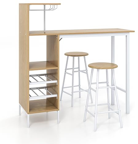 HOMASIS Set di tavolo da bar con 2 sgabelli da bar, tavolo da pranzo con supporti per calici da vino e ripiani per 6 bottiglie di vino, tavolo da bistro industriale per cucina, 120 x 40 x 121,5 cm