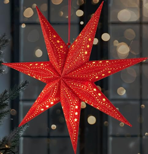 Brubaker Stella di Natale 3D - Stella di Carta a LED con Timer - Stella dell'Avvento da 60 cm con Motivo Moderno - Funzionante a Batteria e Illuminata - Stella Luminosa di Decorazione - Rossa