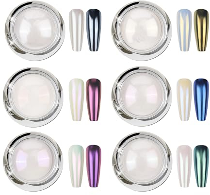 6PCS Weiße Perle Chrom Nagelpuder, Aurora Ice Shimmer Chrome Nail Powder, Chrome Pigment Pulver für Nägel, Glazed Donut Glitzerpuder Nails Spiegeleffekt-Glitter Nagelkunst-Pulver für Nail Salon