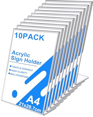 AHAQU 10PCS A4 Acrylic Sign Holder, L-Shape Perspex Display Stands, Clear Plastic Sign Holder, Poster Menu Holder for Wedding Table Numbers, Restaurant, Office
