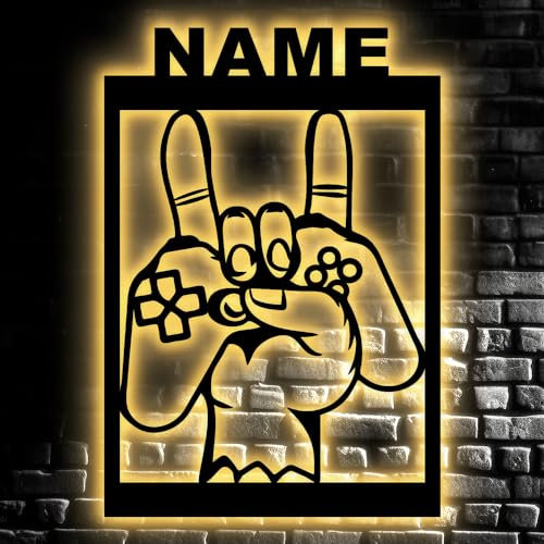 Led Schild Gaming - Beleuchtung - Personalisiert NAME auf Holz - Gamer Geschenke - Besondere Geschenke für Videospiel - Zimmer Beleuchtung Wand Lampe
