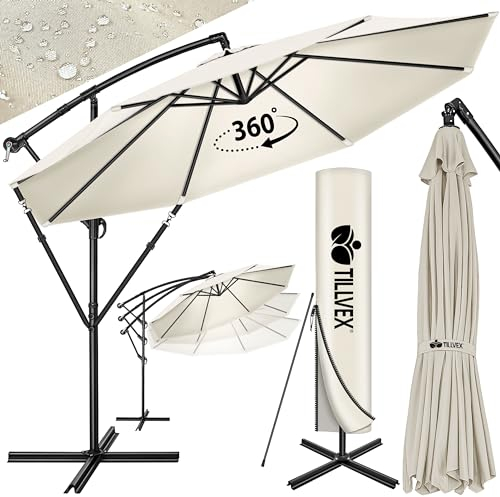 tillvex Sombrilla de 300 cm de diámetro con manivela, sombrilla con soporte, sombrilla de jardín, protección UV, aluminio, paraguas de mercado impermeable (Beige, 350 cm)