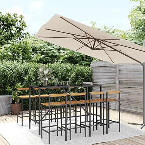 Rantry 9-TLG. Gartenbar-Set Theke Gartentheke Bar Tresen Stehtisch Barhocker Bartisch Barstuhl Sitzgarnitur Gartengarnitur Möbel Gartenmöbel Schwarz Poly Rattan & Massivholz Akazie
