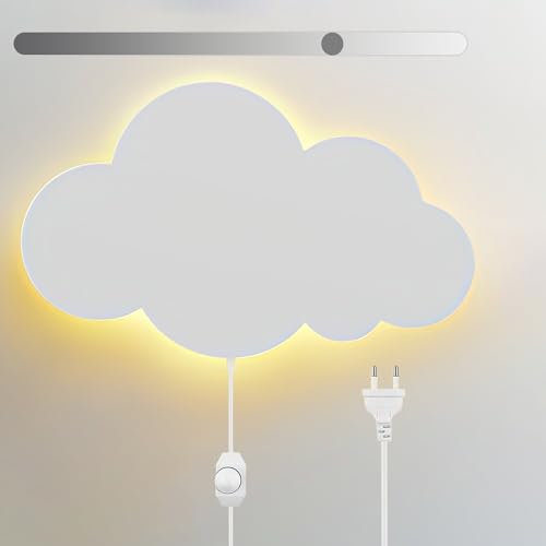 KZT Wandleuchte Innen Dimmbar Wandlampe mit Schalter Kinderzimmer Wolke Nachtlicht LED Nachttischlampe mit Stecker Warmweiß 3000K Leselampe für Babyzimmer Schlafzimmer Kindergarten Wandbeleuchtung