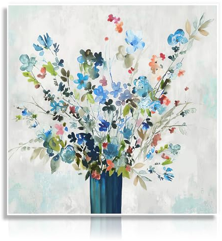 NymphFable Aquarell Blume Leinwand Bilder blaue Blume in Vase Malerei, Wildblume Wandposter für Schlafzimmer Wohnzimmer Dekor 16x16 ohne Rahmen