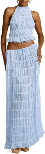 NIUVOO Ensemble de jupe maxi à deux pièces pour femme sexy Y2k Débardeur à manches courtes sans manches en mousseline à volants Robe longue mi-longue Ensemble de tenue de plage, bleu, S