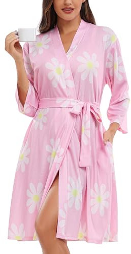 Lovasy Peignoir Court Femme Été en Tricot Gaufré Robes de Chambre Doux et Léger Longueur du Genou Loungewear Col V avec Ceinture B Rose/Fleur M