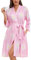 Lovasy Peignoir Court Femme Été en Tricot Gaufré Robes de Chambre Doux et Léger Longueur du Genou Loungewear Col V avec Ceinture B Rose/Fleur M