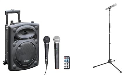 Ibiza - PORT8VHF-BT - Enceinte Portable 8/400W Max avec 2 micros, télécommande et Housse de Protection - Bluetooth, USB, SD - Autonomie 4 à 6h & Tiger MCA21-BK Pied de Microphone - Trépied - Noir