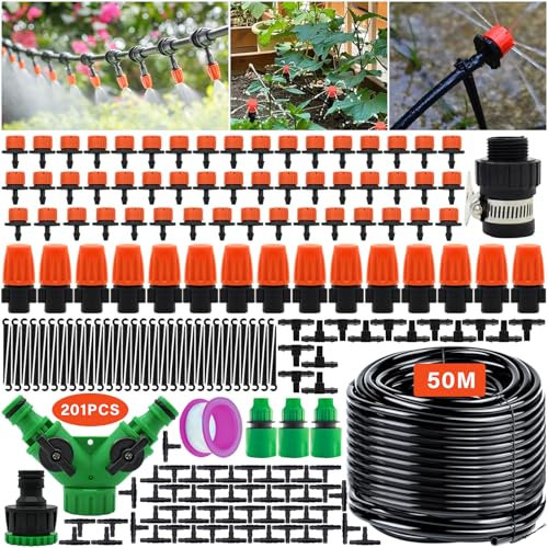 Snarflun 50M Sistema de Riego Jardín 201 pcs Kit Riego por Goteo con Boquillas y Gotero Automático Ajustables para Jardín, Invernadero, Césped, Patio y Terraza