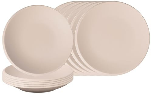 Villeroy & Boch NewMoon Beige Teller- & Schalen-Set 12-teilig, Speiseteller (27 cm) und flache Schalen (25 cm) für 6 Personen, Premium Porzellan