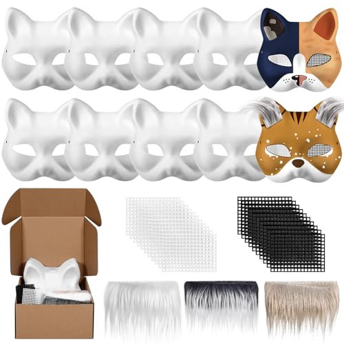 Draupnir 10 Stück Katzenmasken zum Bemalen, DIY Papier Maske mit Kuns Fell und Eye Mesh, Therian Mask, Weiße Halbmasken, Unbemalt Masken für Halloween, Karneval, Maskerade, Party Cosplay