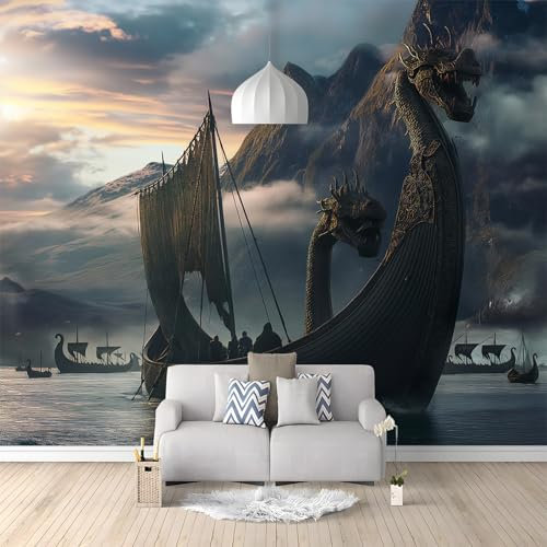 Viking Art Sailboat Wallpaper Photo 350 x 256 cm (W x H), Premium Non-Woven Art Print Wall Mural, Dark Modern Wall Decoration Poster Picture Design
