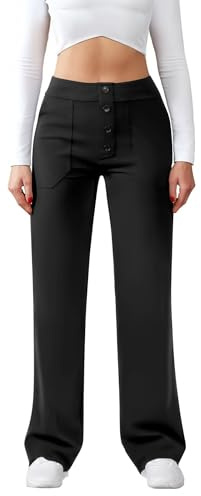 JEKAOYI Womens Casual High Waist Straight Leg Pants Stretchy Button Business Dress Work Pocket Trousers Black