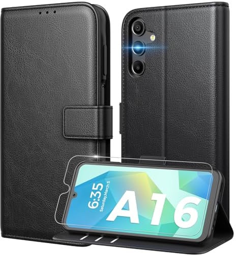Peakally Coque pour Samsung Galaxy A16 5G/4G [ Verre Trempé Protection *1 ] [ Blocage du Signal RFID ] [ Premium PU ] [ Pochette de Portefeuille ] Etui à Rabat pour Samsung A16 5G/4G, Noir