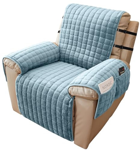 Alishomtll Sesselschoner für Relaxsessel Relaxsofa, 1 Sitzer Fernsehsessel Armlehne Sesselauflage, Anti-Rutsch Kratzfest Sesselüberzug mit 4 Taschen und 2 Verstellbaren Riemen, 53x190cm, Blau