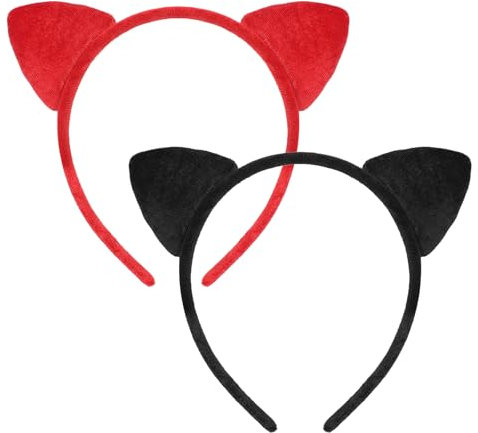 YQQYG Katzenohren Haarreif 2 Stück Cute Katzenohren Haarband, Süßes Plüsch Stirnband mit Weichen Ohren, Haarschmuck für Kinder, Damen Cosplay, Kostümpartys, Themenpartys(Schwarz,Rot)