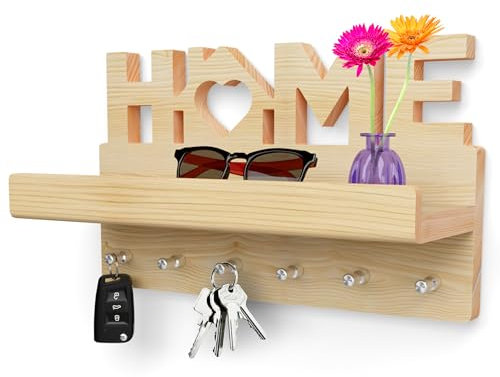 HEIMKÖNIG hochwertiges Schlüsselbrett mit Ablage aus Holz Kiefer - moderner Schlüsselhalter mit 6 Edelstahlhaken - Schlüsselablage als optimales Geschenk zum Einzug - inkl. Montagezubehör