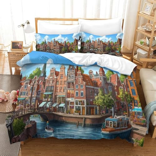 ChengzeTCo Amsterdam Canal Bettbezug Bettwäsche Set Kinderbettwäsche-Set Reißverschluss Mit Kissenbezügen Betten Set Für Jugendliche Kinder Schlafzimmer Single（140x200cm）