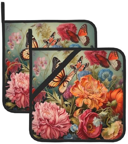 YHBLYKXP Set di 2 presine con stampa di fiori e farfalle, presina resistente al calore, per barbecue