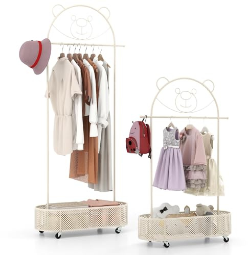 FANTASK Kinder Kleiderständer, Garderobenständer auf Rädern mit höhenverstellbaren Kleiderstangen, Garderobe mit Korb & Bärendekoration, Weiß, Kleiderwagen für Kinderzimmer, 81 x 34 x 130-182 cm