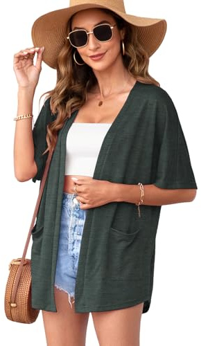 Wiwclo Cardigan da donna estivo leggero a maniche corte aperto sul davanti casual con tasche, A11-scuro_grigio, L