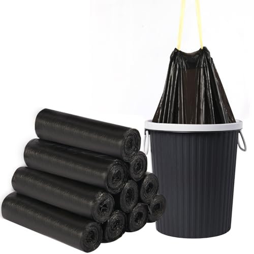 Luazvilkpsar 270 Pièces Sacs Poubelle à Lien Coulissant, Handy Bag Ultra Résistant, Salle de Bains Étanchéité, Très Résistant 15 L, 18 Rouleaux de 15 Sacs pour Cuisine, Maison, Bureau 44 x 45 cm(Noir)