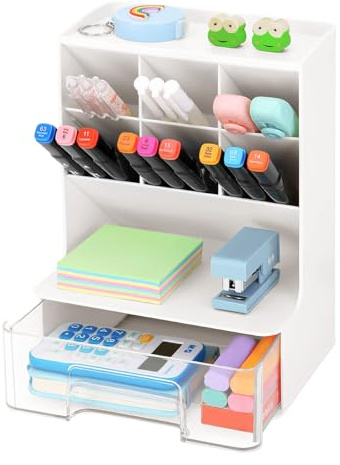 Schreibtisch Organizer Multifunktionaler Stiftehalter Organizer 6 Fächer | Stifthalterbox mit Schublade Stifthalter Aufbewahrungsbox Stifteköcher für Stifte Büro Heimbedarf Kosmetik