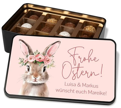 True Statements Personalisierte Schokolade - Geschenkdose „Frohe Ostern“ - Ostergeschenk mit Name/Wunschtext – Ostergrüße - Osterhase mit Blumenkranz – Geschenkbox mit 12 Confiserie-Pralinen