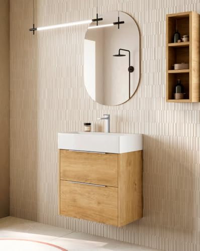 Mueble Baño Suspendido a Pared Fondo Reducido | 2 Cajones con Lavabo Cerámico | Roble Natural Tirador Cromo | 60cm