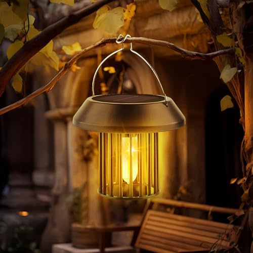 Solarlampen für Außen Hängend | P65 solar lampions außen wetterfest | Metall Solarlaterne | Retro LED Lampions Solar Outdoor mit Streifen für Außenbereich | Garten/Balkon/Terrasse | Warmweiß