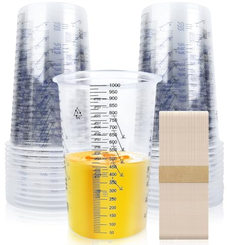 ENUTROF Tasses de Mélange de Peinture Verre Doseur 1000ML Kit 20 Gobelets | Doseurs Plastique avec Échelle Clair e Barre d'agitation pour Laboratoire Voiture Artisanat Moulage Bricolage Résine Époxy