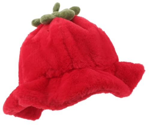 WRITWAA Flauschiger Fischerhut mit Tomaten-Design in Rot | Warme Kopfbedeckung mit Gerollter Krempe für Damen im Winter bei Outdoor-Aktivitäten und Fotoshootings