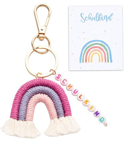 lurora2021 Bunter Regenbogen-Schlüsselanhänger Schulkind Handgemachtes Makramee Schlüsselanhänger Mini Regenbogen Anhänger für Tasche, Geschenk für Patentante, Taufpatin, Babyparty, Frauen